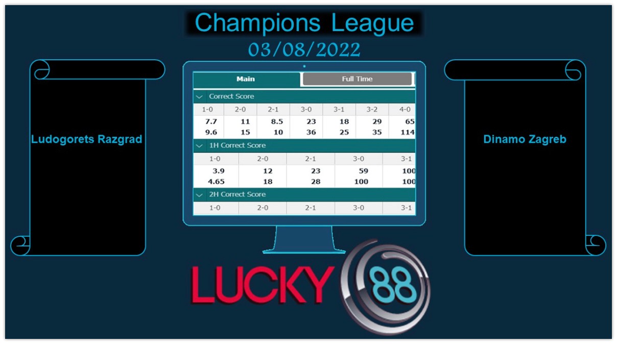 LUCKY88 Ludogorets Razgrad vs Dinamo Zagreb , Soi kèo bóng đá hôm nay 03/08/2022, Champions League