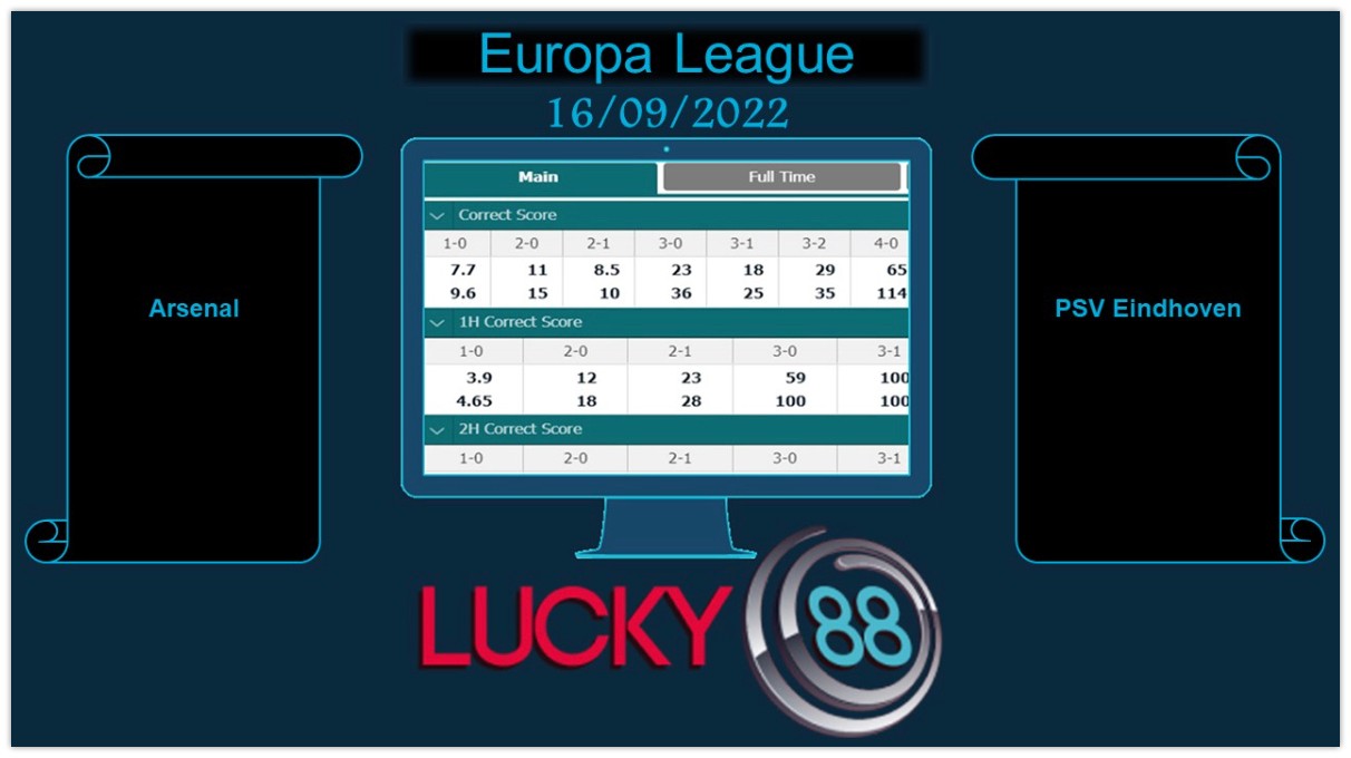 LUCKY88 Arsenal vs PSV Eindhoven, Soi kèo bóng đá hôm nay 16/09/2022,  Europa League